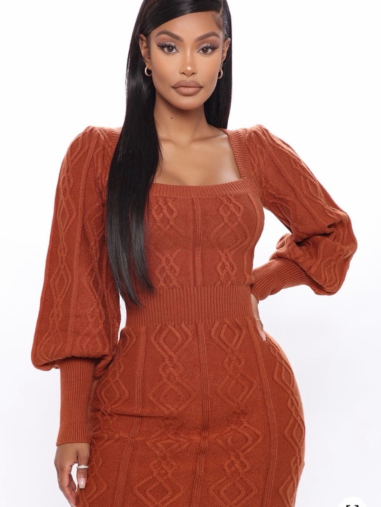 Fashion Nova Dresses & Skirts - Fashion Nova Rust Cable-Knit Puff Sleeve Bodycon Dress